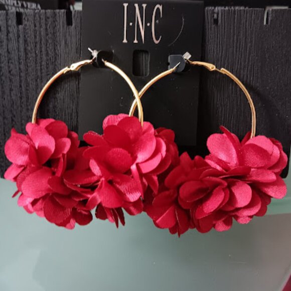 INC International Concepts Jewelry - INC Glamorous Gold Burgundy Flower Statement Hoop Earrings**NEW!